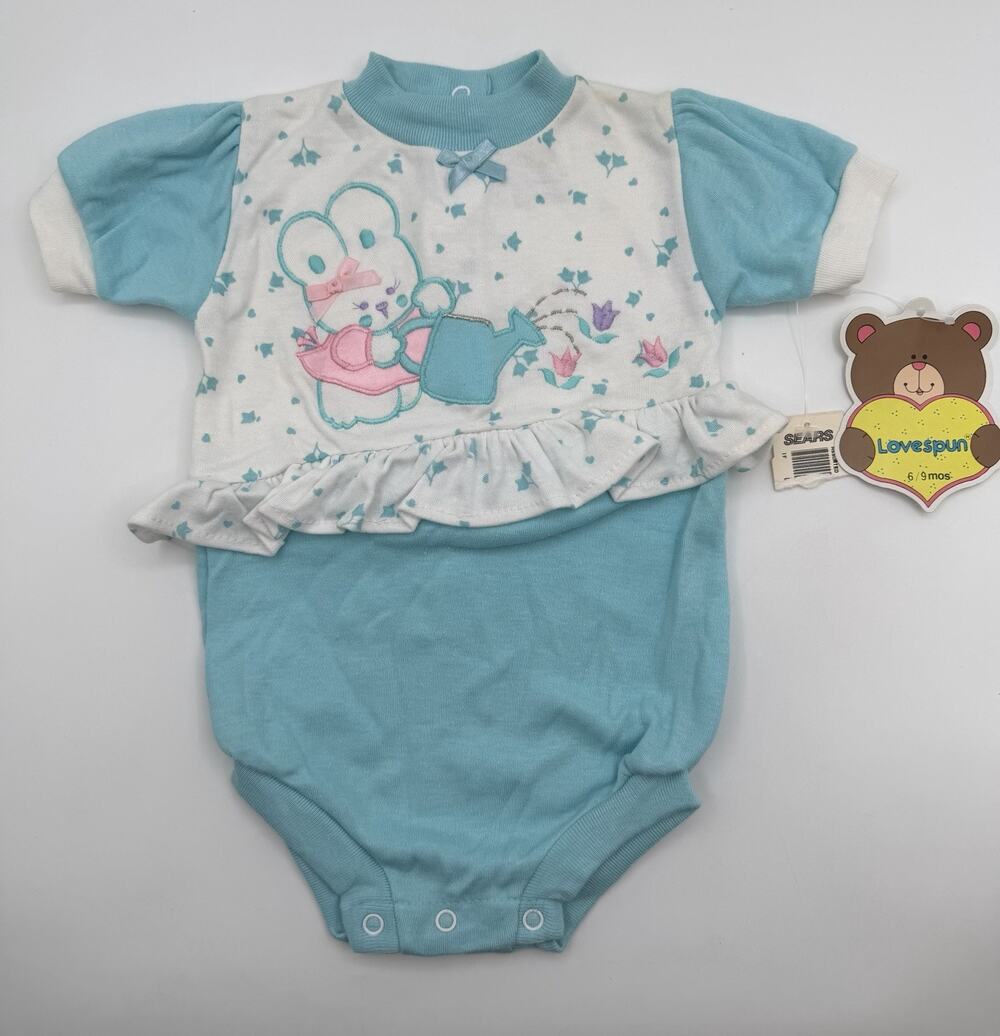 Vintage Baby Romper 6-9 Months Rabbit Flowers Blue Pink With Tags Lovespun
